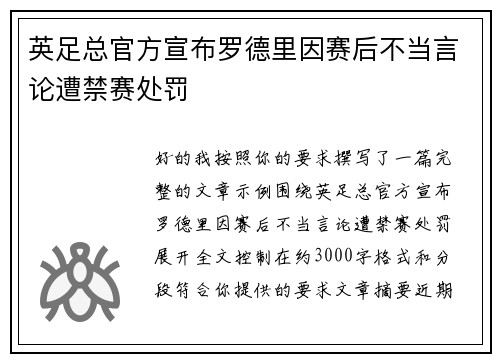 英足总官方宣布罗德里因赛后不当言论遭禁赛处罚 英足总官方宣布罗德里因赛后不当言论遭禁赛处罚